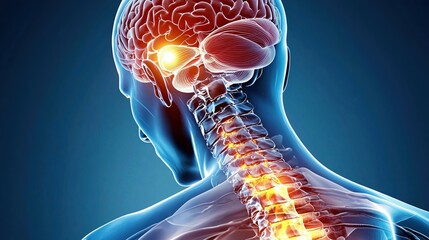 Detailed 3D illustration highlighting human anatomy with focus on brain and spine for medical science education