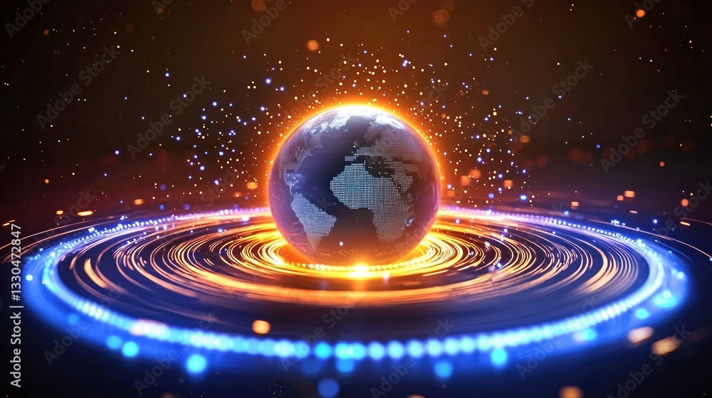 Poster digital representation of earth with glowing rings and particles symbolizing global connectivity and