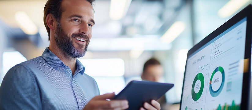 Businessman Analyzing SaaS Data Trends with Tablet in Modern Office