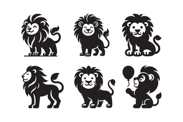  Set of Cartoon Styel Lion Silhouette , isolated on a white background