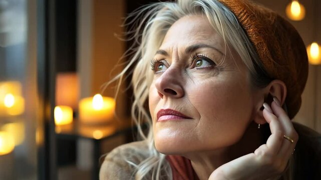 Reife Frau blickt nachdenklich mit Hand am Kinn in die Ferne