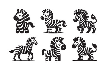  Set of Cartoon Styel Zebra Silhouette , isolated on a white background