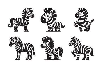  Set of Cartoon Styel Zebra Silhouette , isolated on a white background