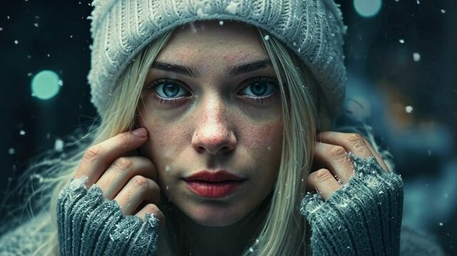 Junge Frau mit M&uuml;tze und Handschuhen friert im Schnee