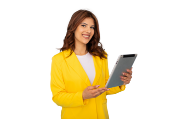 Smiling businesswoman using digital tablet with transparent background