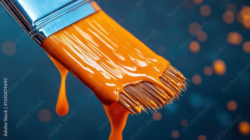 Poster paintbrush dripping with vibrant orange paint creates dynamic visual effect. glossy texture and spla