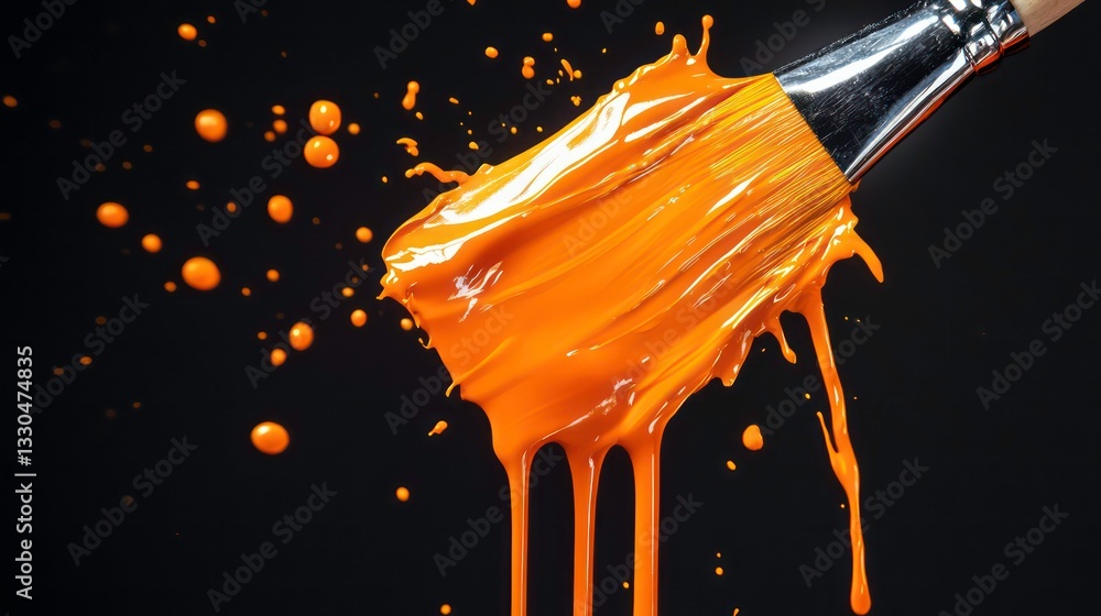 Poster paintbrush dripping with vibrant orange paint creates dynamic visual effect. glossy texture and spla