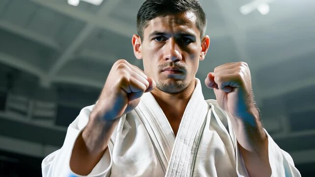 Focused man karateka practicing martial arts in indoor arena. concept of discipline, strength, martial arts training, focus, sportsman, sports