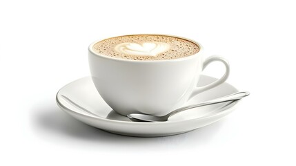 cup of cappuccino with saucer and spoon floating
