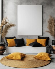 Modern minimalist living room with blank canvas, mustard pillows, and pampas grass.