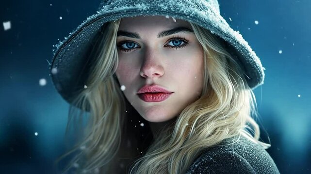 Blonde Frau mit Winterm&uuml;tze unter Schneefall