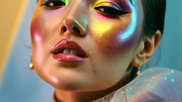 Frau mit schillerndem Make-up im Close-Up