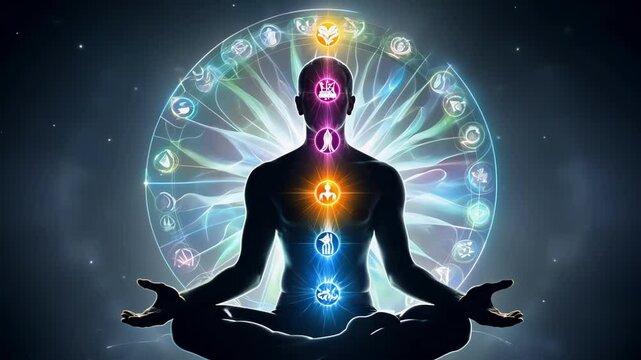 Man meditating. Spiritual meditation with glowing chakras in lotus position. concept of mindfulness, inner peace, energy alignment, spiritual journey