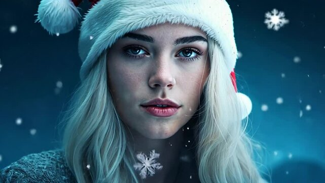 Blonde Frau mit Winterm&uuml;tze im Schneefall