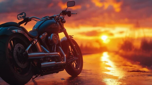A motorbike silhouetted against a stunning sunset, with the warm golden hues of the sky casting a dramatic glow. The bike stands out in the foreground, emphasizing the freedom and adventure of an open