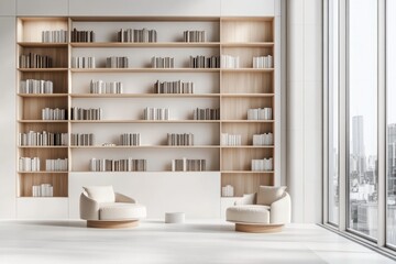 Modern minimalist living room with built-in bookshelf and armchairs.