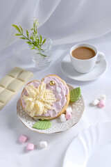 Elegant Heart-Shaped Dessert with Pink Cream and Coffee – Light and Fresh Breakfast Setting