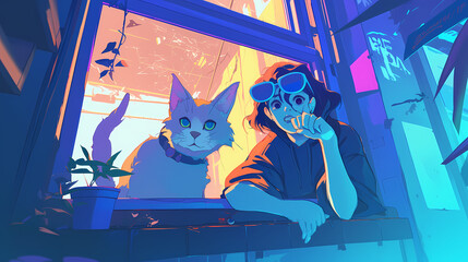 A girl with sunglasses and a cat at a colorful window, surrounded by vibrant urban scenery