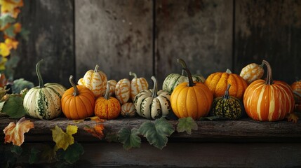A playful arrangement of mini pumpkins and gourds creating a cheerful border on a rustic table