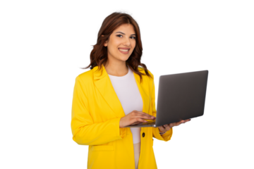 Smiling businesswoman using laptop with transparent background