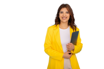 Smiling businesswoman holding tablet with transparent background