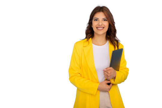 Smiling businesswoman holding tablet with transparent background