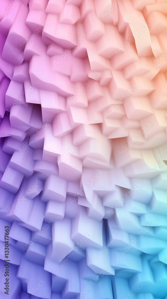 Poster Pastel extruded cubes forming gradient-colored textured surface transitioning from purple-blue to orange-pink hues