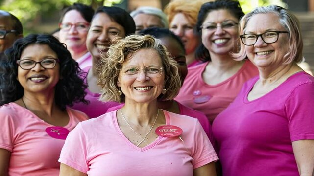 Gruppe von Frauen in Pink l&auml;chelnd und vereint