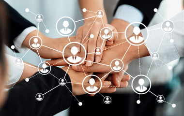 A dynamic image showcasing teamwork in a business setting, with hands joining together amid social...