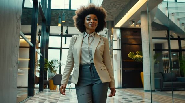 Selbstbewusste Frau in Business-Outfit l&auml;uft durch ein modernes Geb&auml;ude