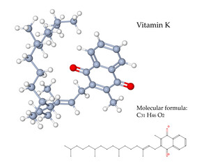 3d illustration (on transparent background) of molecular structure and chemical formula. Vitamin K is important for blood coagulation and for controlling binding of calcium in bones and other tissues