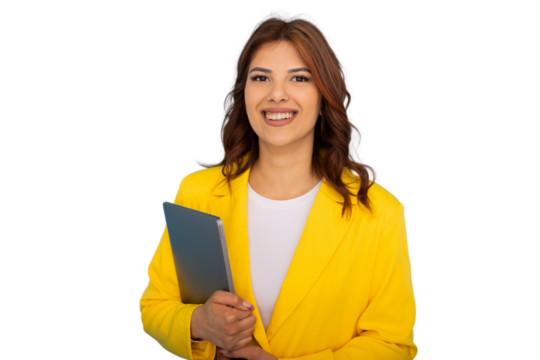 Smiling businesswoman holding laptop, looking confident and successful on transparent background