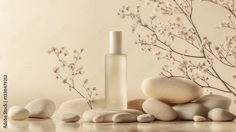 Poster soft light highlights a minimalistic white bottle surrounded by pebbles and delicate flowers in a ca