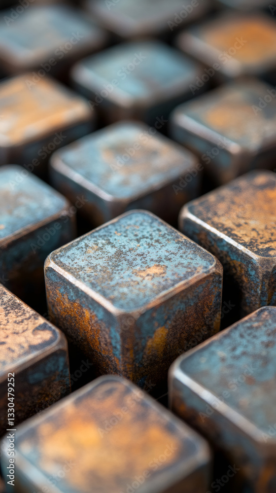 Poster Metallic and rusty keyboard keys arranged in a grid pattern, creating a textured and industrial aesthetic