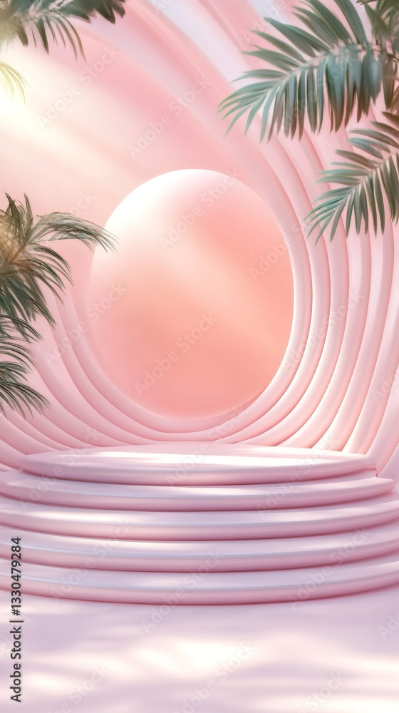Aufkleber pink layered pedestal podium with palm tree and round frame background showcasing a product displayi