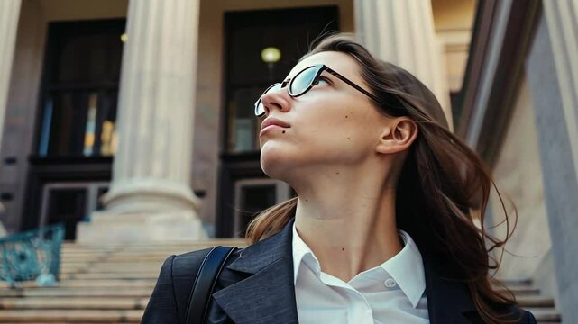 Karrierebewusste Frau mit Brille in einem modernen B&uuml;rogeb&auml;ude