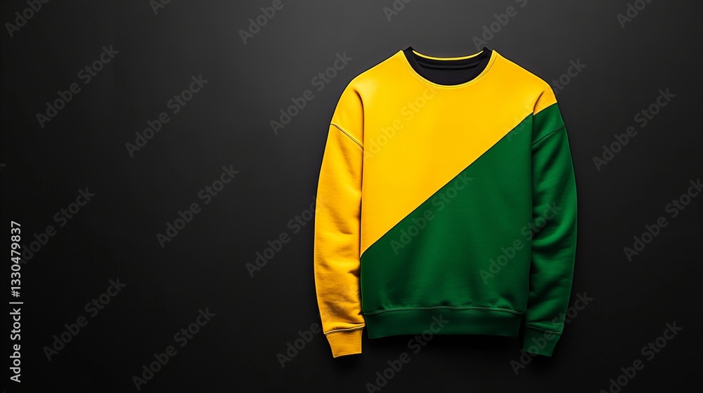Poster sweatshirt with a geometric color block design displaying yellow and green lies flat against a dark 