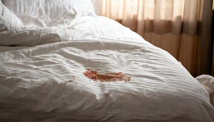 A white bed sheet with a prominent brown stain, indicating an accidental spill or mark, reflecting a household mishap in a bedroom setting.
