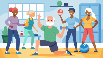 A senior center with a team of fitness coaches facilitating group fitness classes and oneonone consultations to promote overall wellness in their aging members.. Vector illustration