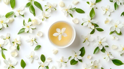Jasmine flowers and cup of herbal tea on white