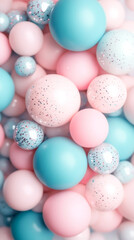 Pastel pink and blue balloons with glittery texture, highlighting festive mood and celebratory event decorations