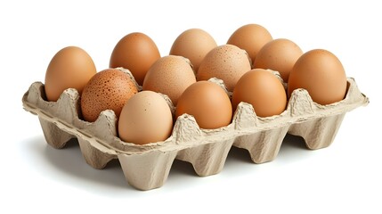 one dozen brown eggs in a cardboard egg carton