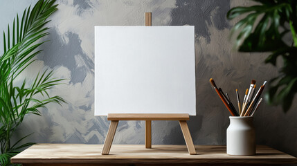Blank canvas on wooden easel with art supplies in modern studio setting