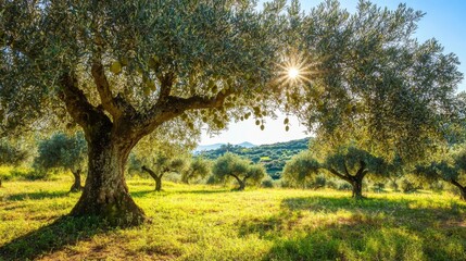 Ripe olives adorning olive trees in a mediterranean landscape, embodying the essence of summer