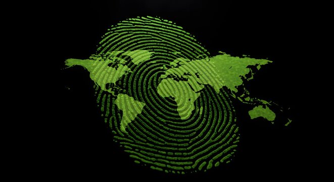 Green fingerprint incorporating world map, symbolizing global identification - Powered by Adobe