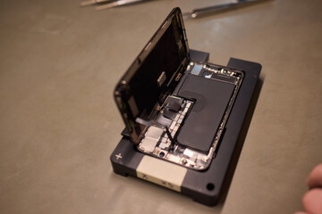 A disassembled smartphone showcasing its internal components along with the battery itself
