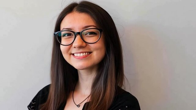L&auml;chelnde junge Frau mit Brille und positiver Ausstrahlung