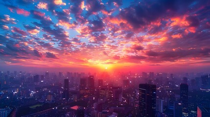 Beautiful view of the city at sunset, a view from above with a beautiful sky