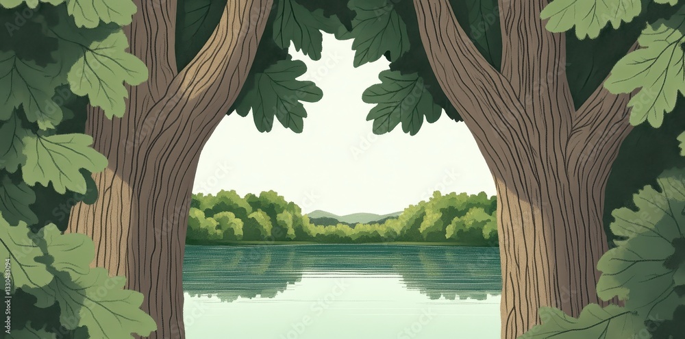 Poster two large trees frame a view of a tranquil lake scene
