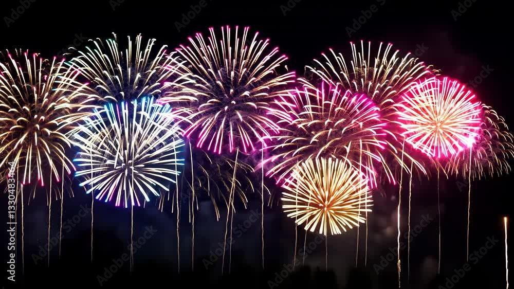 Poster explosions of multi-colored fireworks arranged in a row